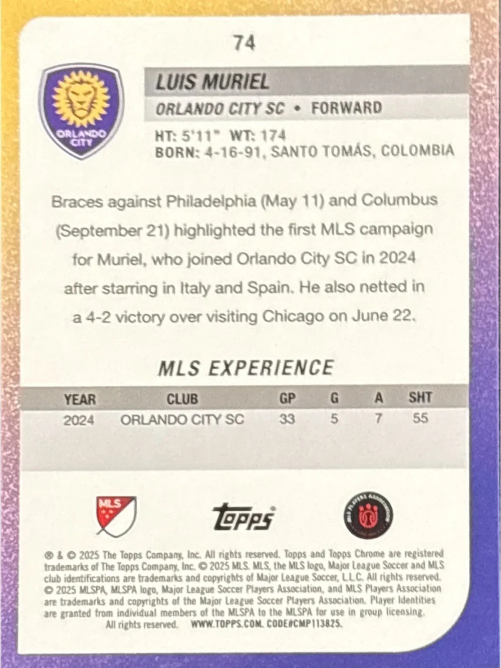 Topps Chrome Orlando City Soccer Trading Card - Luis Muriel